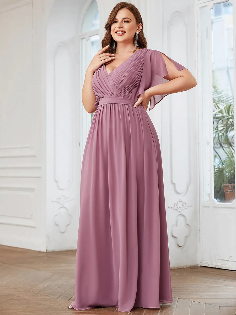 Robe mariage invitée en mousseline de soie longue de grande taille à encolure en V Maxi