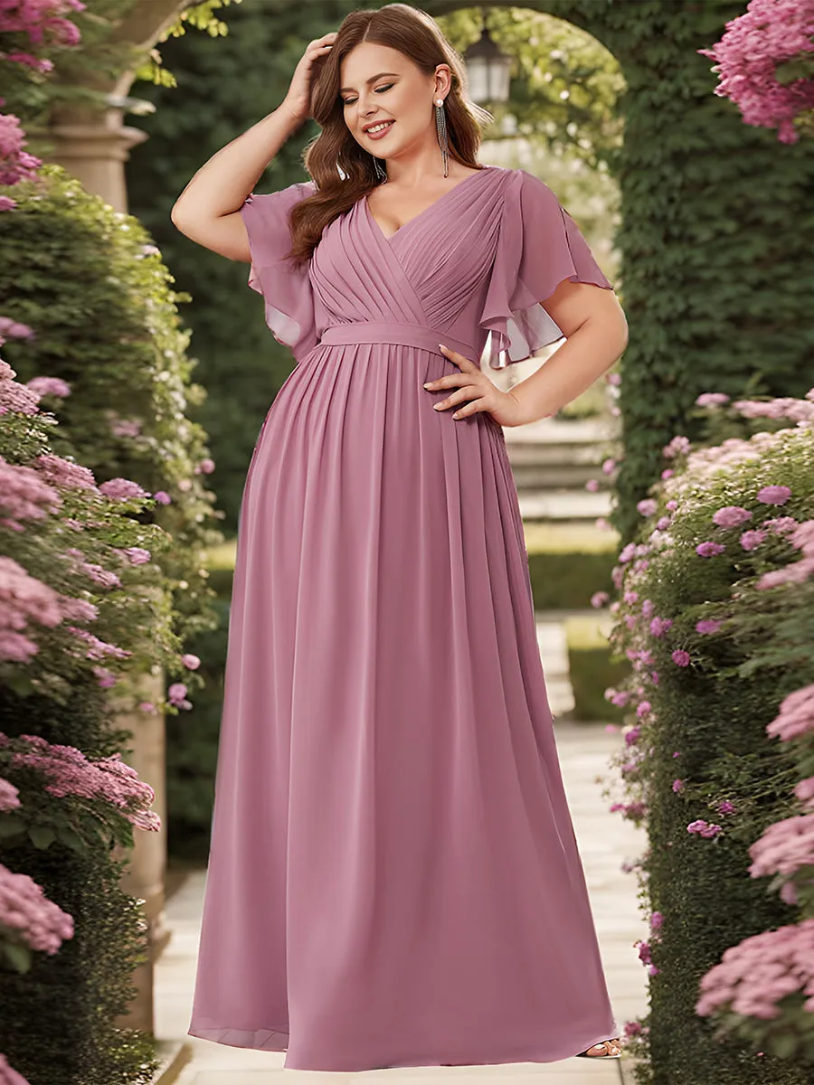 Robe mariage invitée en mousseline de soie longue de grande taille à encolure en V Maxi