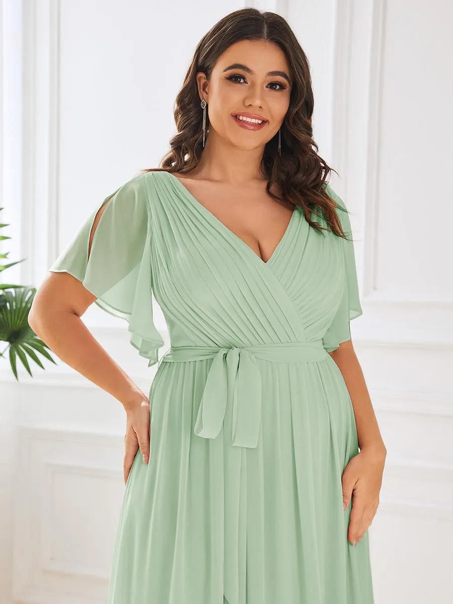 Robe mariage invitée en mousseline de soie longue de grande taille à encolure en V Maxi