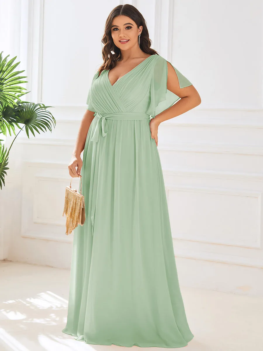 Robe mariage invitée en mousseline de soie longue de grande taille à encolure en V Maxi