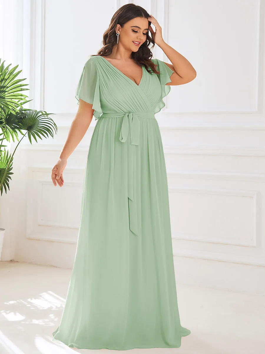 Robe mariage invitée en mousseline de soie longue de grande taille à encolure en V Maxi