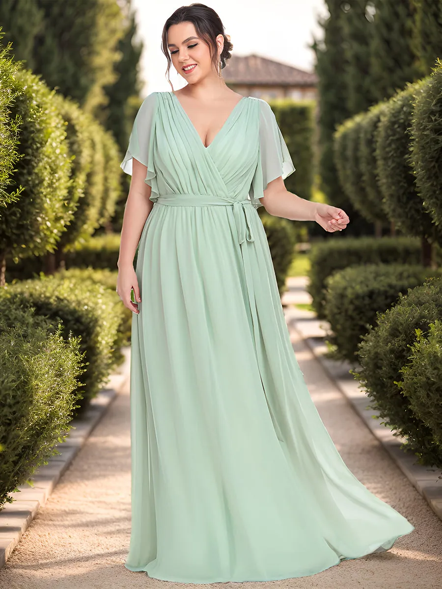 Robe mariage invitée en mousseline de soie longue de grande taille à encolure en V Maxi