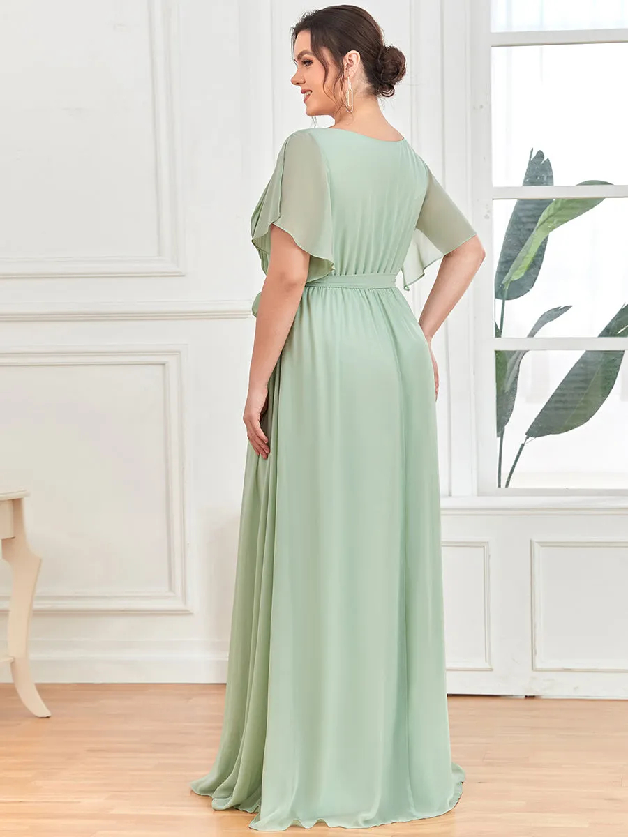 Robe mariage invitée en mousseline de soie longue de grande taille à encolure en V Maxi