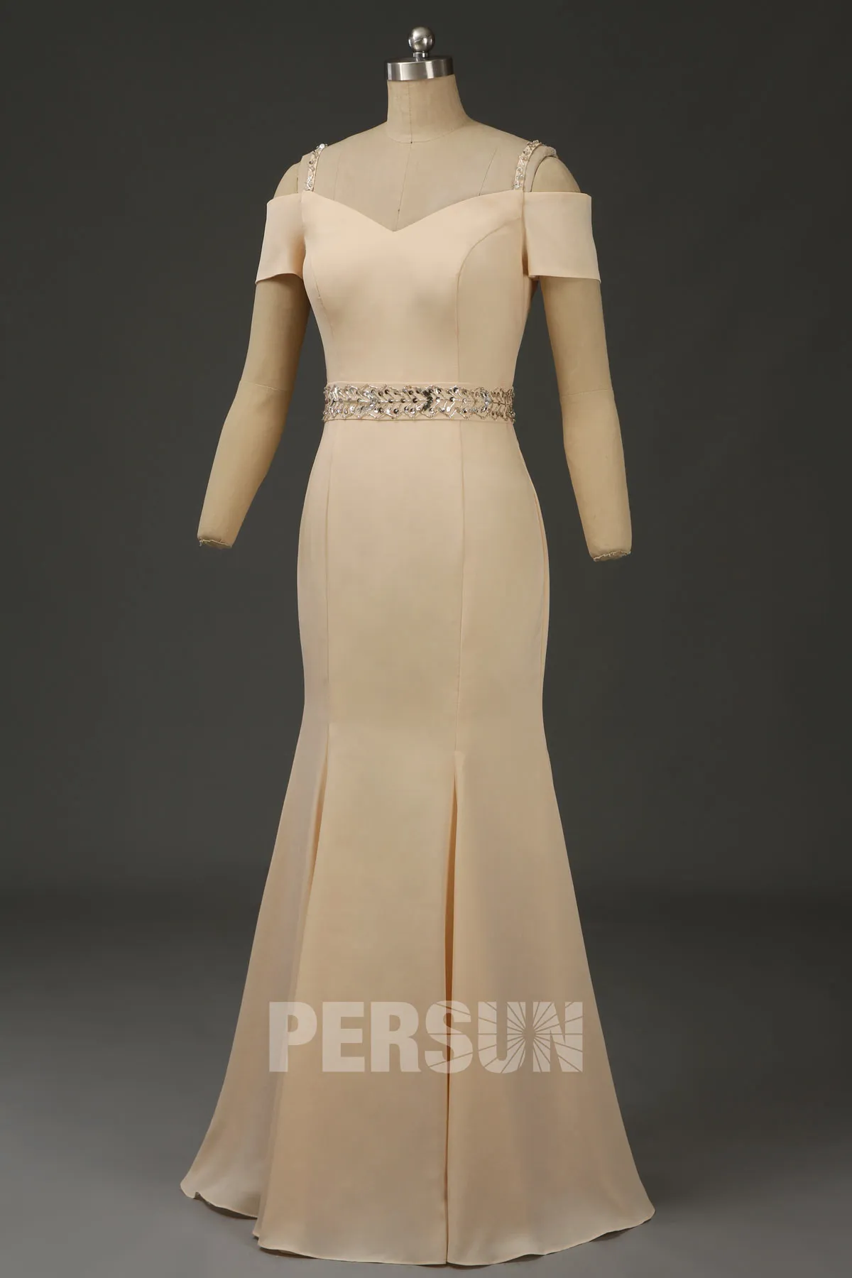 Robe soirée longue sirène champagne épaules découvertes avec ceinture pailletée