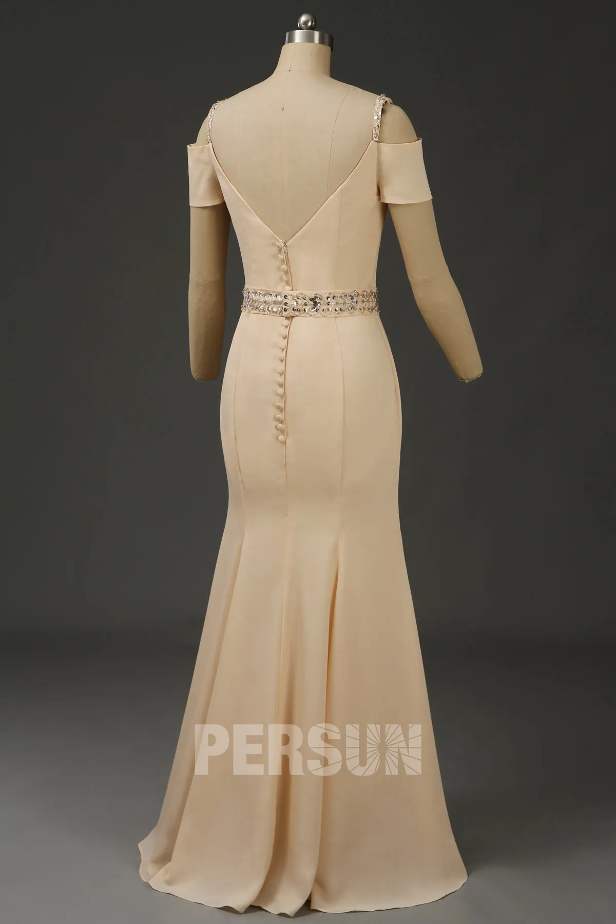 Robe soirée longue sirène champagne épaules découvertes avec ceinture pailletée