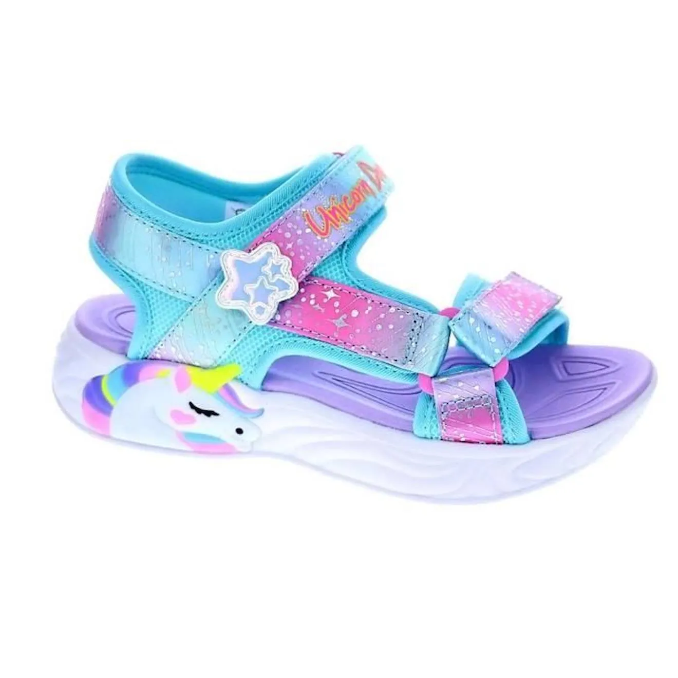 Sandales - Skechers Unicorn Fille - Bleu - Scratch - Plat - Basse - Synthétique - 2 cm bleu - Skechers