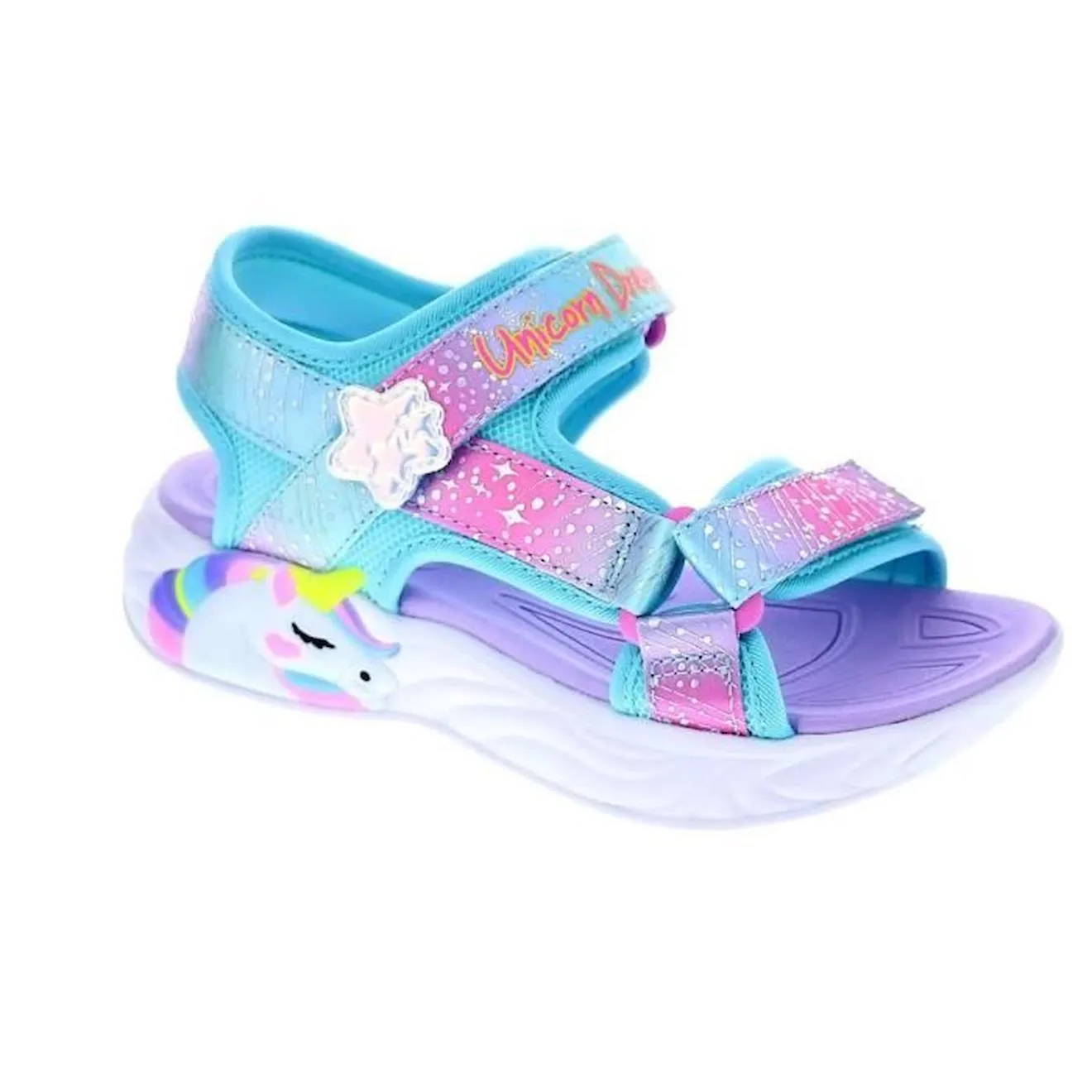 Sandales - Skechers Unicorn Fille - Bleu - Scratch - Plat - Basse - Synthétique - 2 cm bleu - Skechers