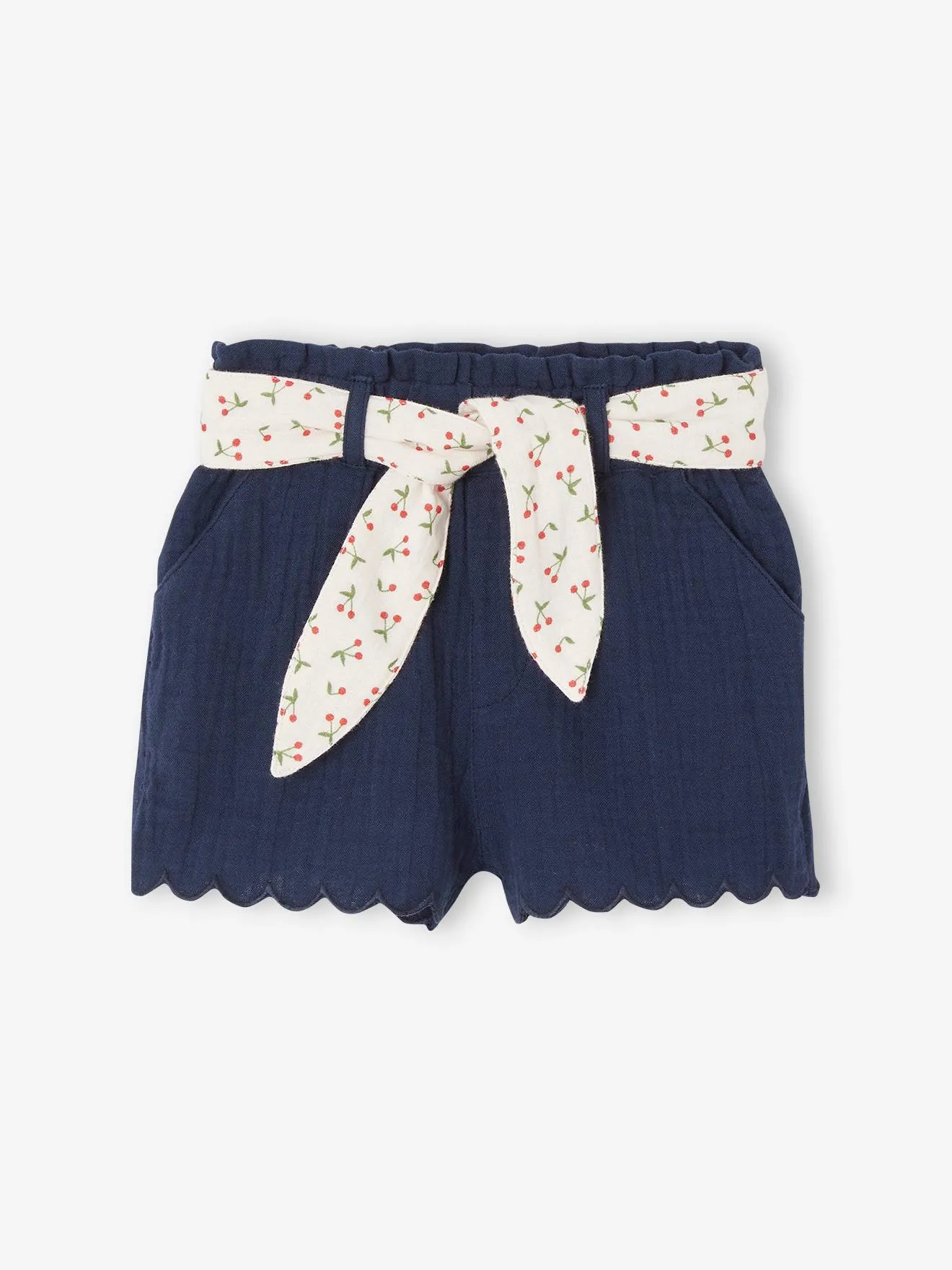 Short bébé en gaze de coton avec ceinture fleurie abricot - Vertbaudet