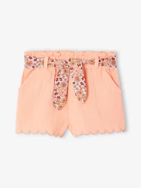 Short bébé en gaze de coton avec ceinture fleurie abricot - Vertbaudet