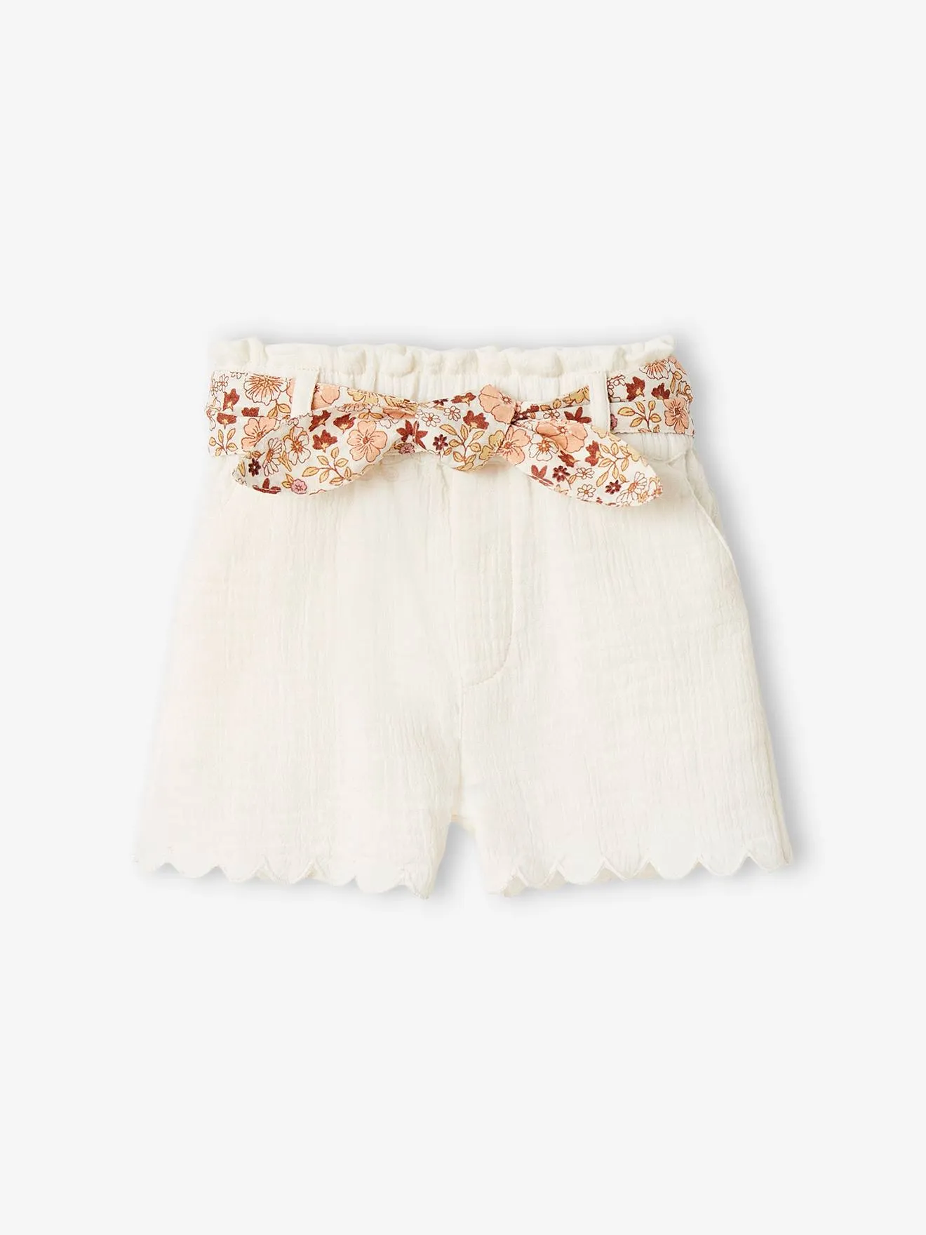 Short bébé en gaze de coton avec ceinture fleurie abricot - Vertbaudet